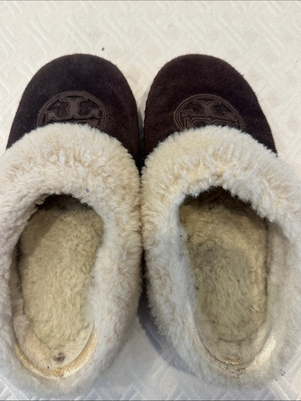Tory Burch Brown Suede Shearling Lined Slippers with Cream Fur